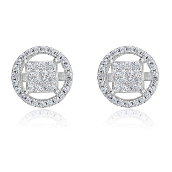 AVORA 925 Sterling Silver Simulated Diamond CZ Square Composite Circle Halo Men's Hip Hop Stud Earrings