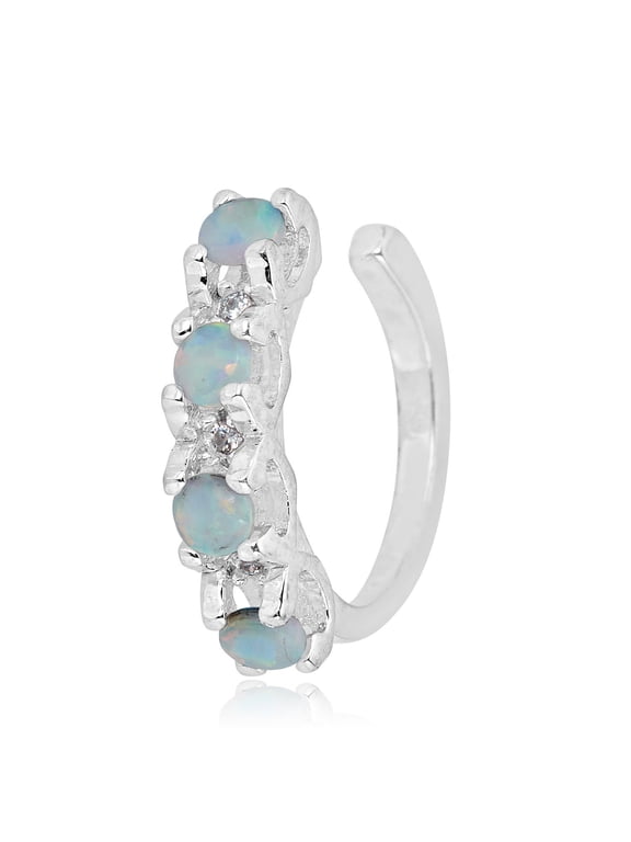 AVORA 925 Sterling Silver Simulated Opal Single Row Ear Cuff with Simulated Diamond CZ