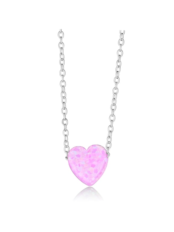 AVORA 925 Sterling Silver Simulated Pink Opal Heart Pendant Necklace with 15" Chain