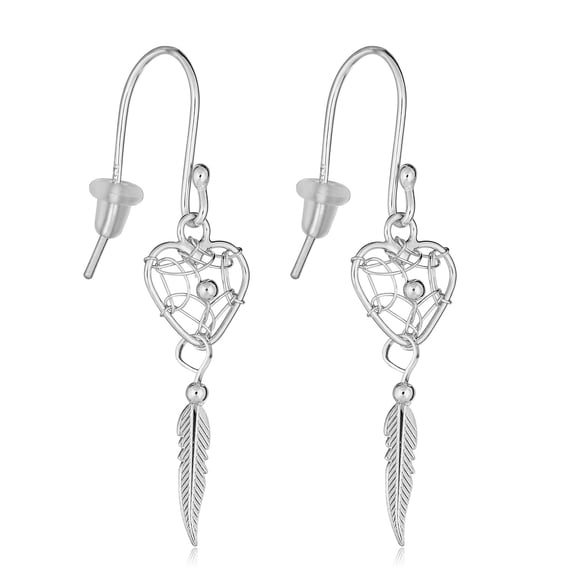 AVORA 925 Sterling Silver Wired Heart and Leaf Charm Dangle Drop Earrings