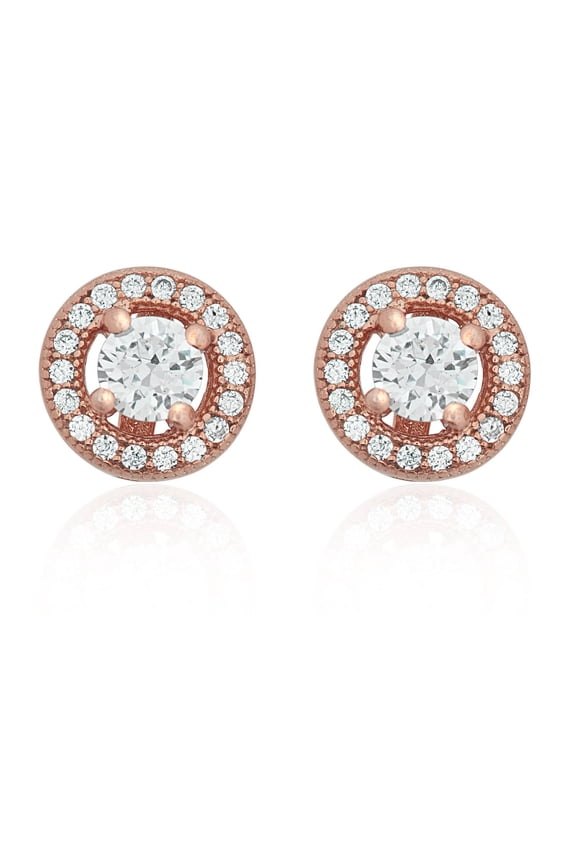 AVORA 925 Sterling Silver with Rose-Gold Plating and Simulated Diamond CZ Halo Stud Earrings