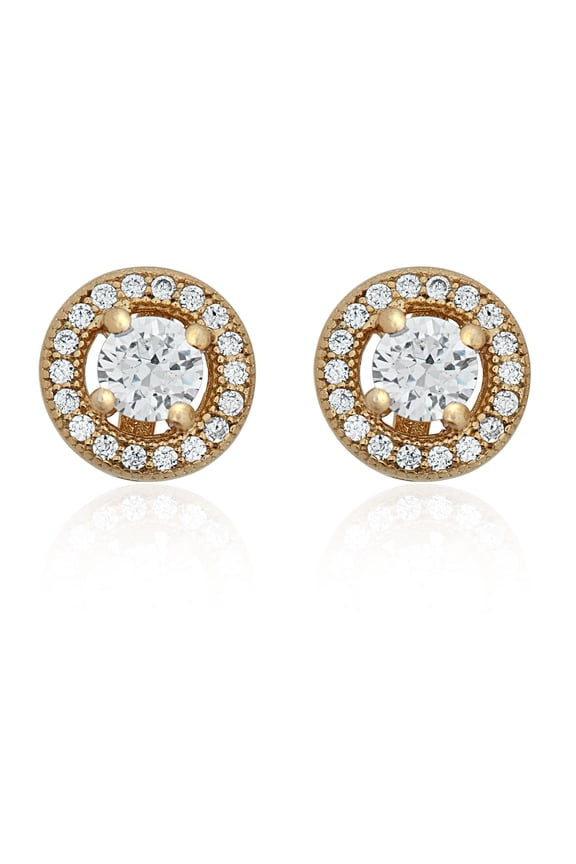 AVORA 925 Sterling Silver with Yellow Gold Plating and Simulated Diamond CZ Halo Stud Earrings
