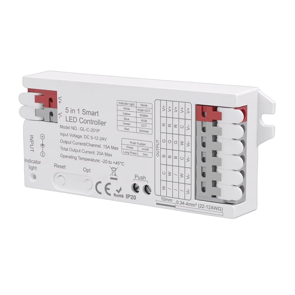 AVPAVP 5-in-1 LED Strip Light Controller, 12-24V DC, 20A Total, 480W Maximum, 2.4GHz Wireless Gateway and Push Switch Control for RGBCCT, RGBW, RGB, CCT and Dimmer Modes