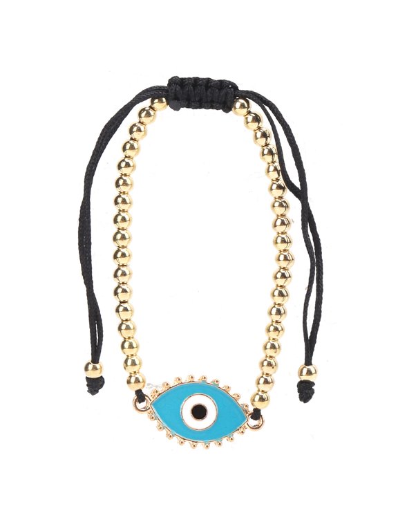 Bohemian Turkish Eye Beaded String Bracelet with Golden Beads, Adjustable Fashion Jewelry for Men and Women, Blue Color Design - 1 Piece Per Pack