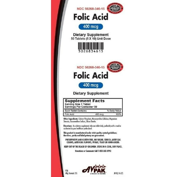 AVPak Folic Acid Tablets, 400 mcg, 50 Count