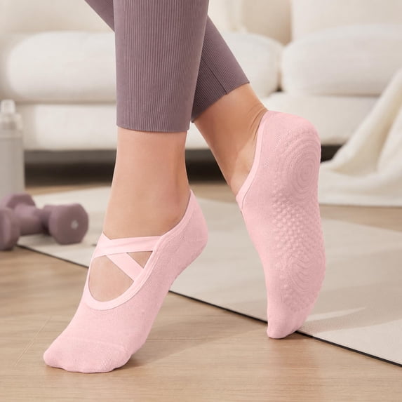 AVRNLIQ Ballet Socks for Women Non-Slip Cotton Criss-Cross Strap No-Show Ankle Pink