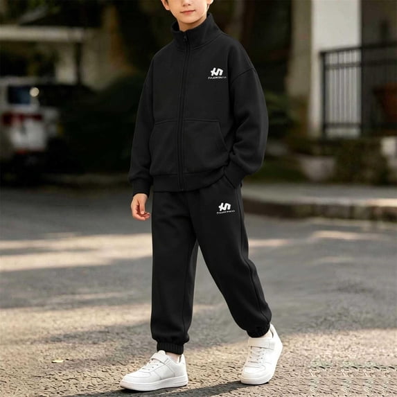 AVRNLIQ Boys 2-Piece Full Zip Tracksuit Set, Stand Collar Jacket & Jogger Pants, Polyester, Black, Ages 5-15,Size 11-12 T