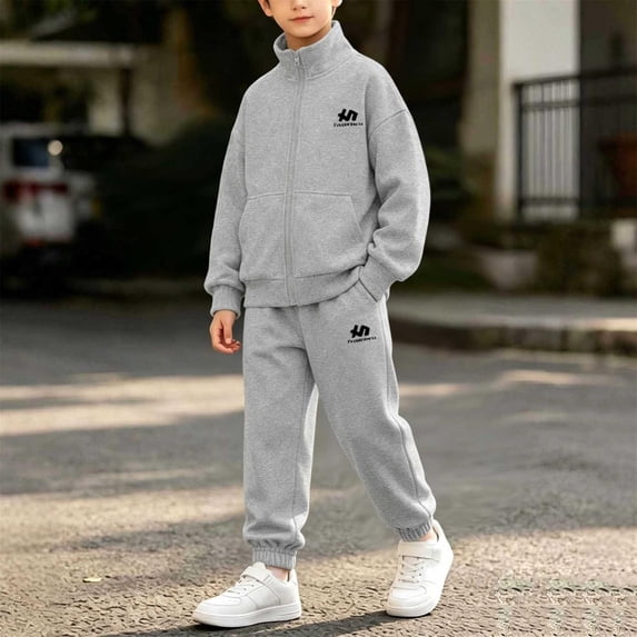 AVRNLIQ Boys Athletic 2-Piece Tracksuit Set, Full Zip Mock Neck Jacket & Joggers, Gray, 5-15,Size 9-10 T