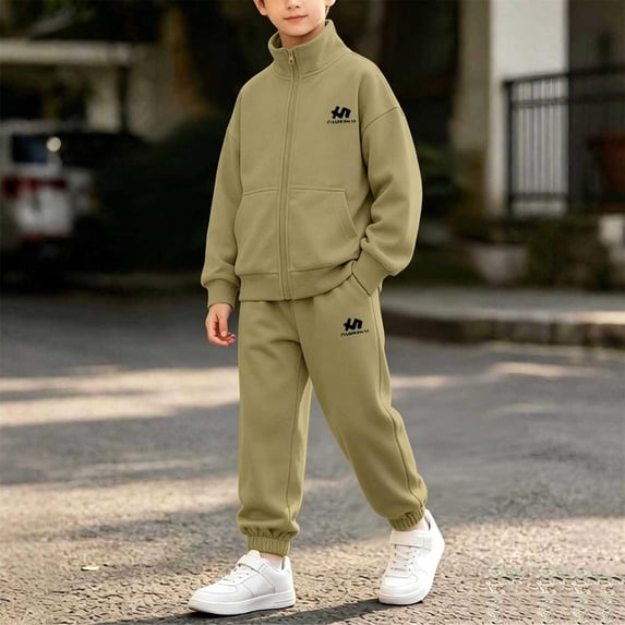 AVRNLIQ Boys Jogger Tracksuit Set 2-Piece Full Zip Mock Neck Jacket & Pants, Green, 5-15,Size 7-8 T