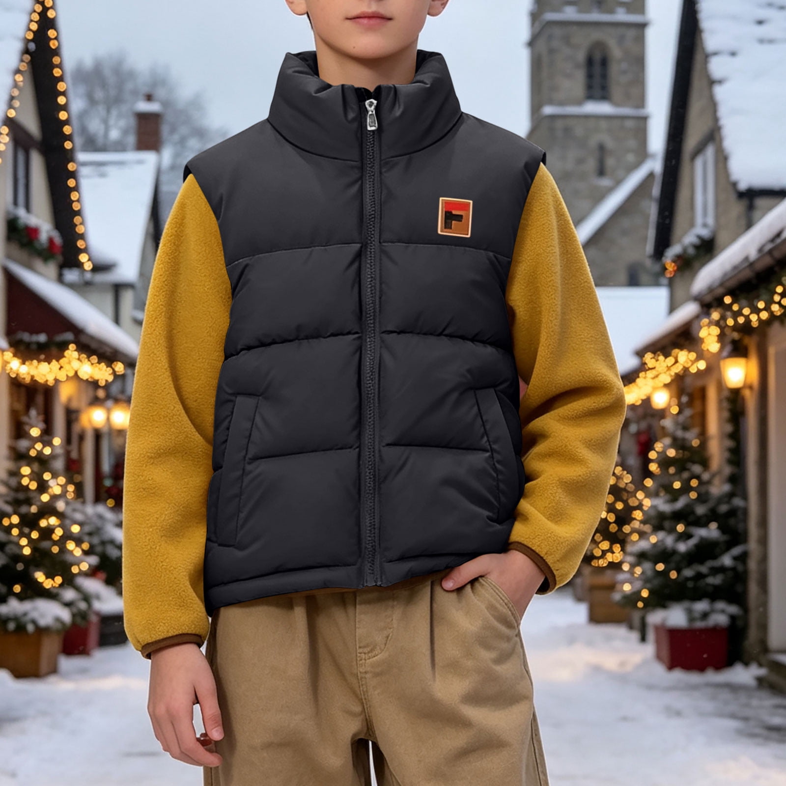 AVRNLIQ Boys Puffer Vest Lightweight Quilted Sleeveless Zip-Up Color Block Outerwear with Pockets Black,Size 12-13 T