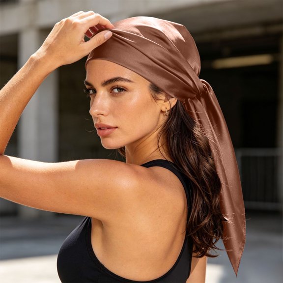 AVRNLIQ Brown Satin Hair Wrap Turban for Women Adjustable Seamless Soft Sleep Head Scarf