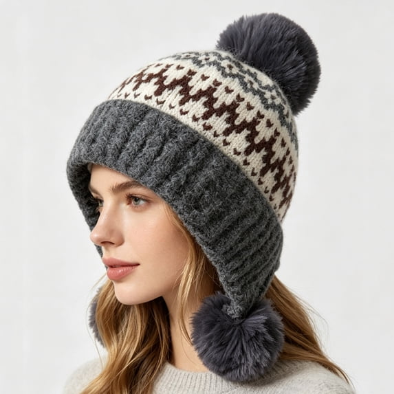 AVRNLIQ Ear Flap Beanie for Women Knit Winter Hat with Pom Pom Fair Isle Gray