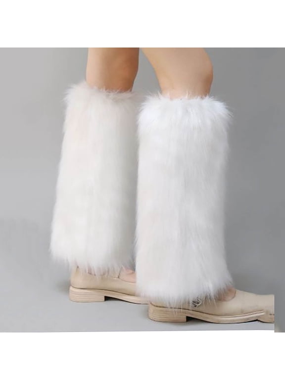 Fluffy White Faux Faux Fur Leg Warmers for Women Y2K Knitted Boot Covers,Size M
