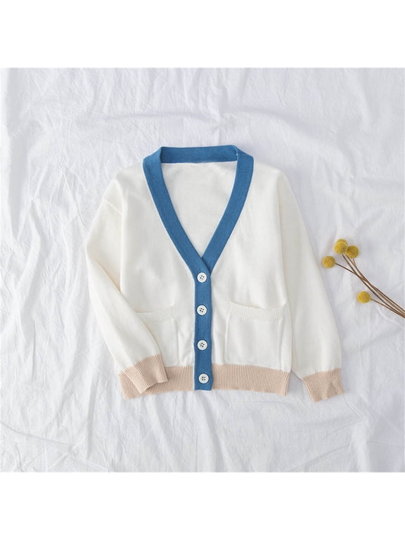 Girls Beige Color Block Knit Cardigan, V-Neck Long Sleeve Button Front Casual Lightweight Layering Sweater with Pockets,Size 3-4 T