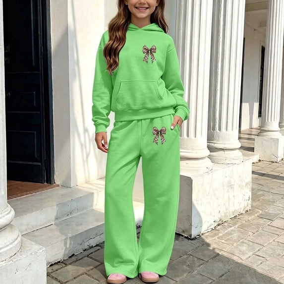 AVRNLIQ Girls Casual 2-Piece Tracksuit Set with Leopard Bow Print Hoodie and Wide-Leg Pants, Green, 5-14,Size 11-12 T