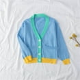 thumbnail image 1 of AVRNLIQ Girls Color Block V-Neck Knit Cardigan, Long Sleeve Button Front Casual Sweater with Pockets, Blue,Size 6-7 T, 1 of 9