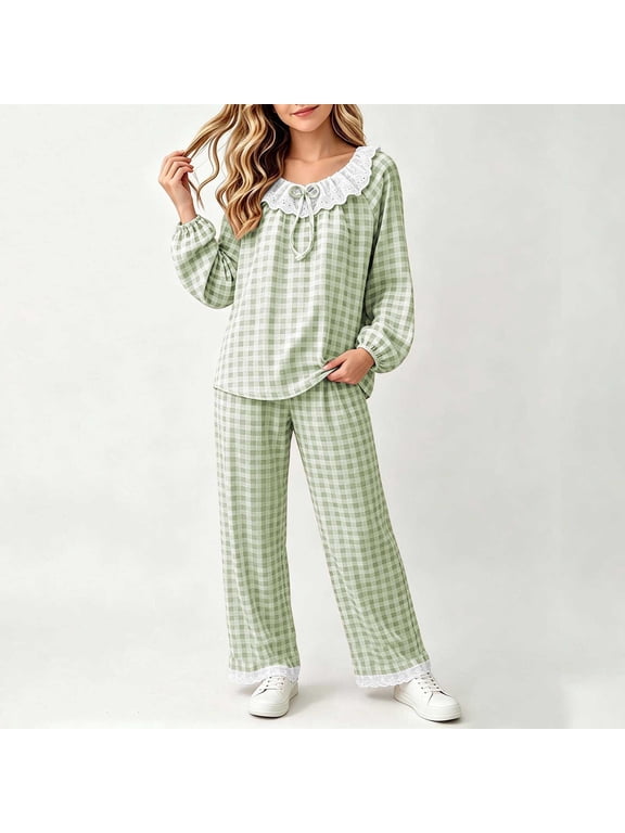 Girls Cotton Gingham 2-Piece Pajama Set with Long Puff Sleeves, Lace Trim & Bow - Green,Size 7-8T