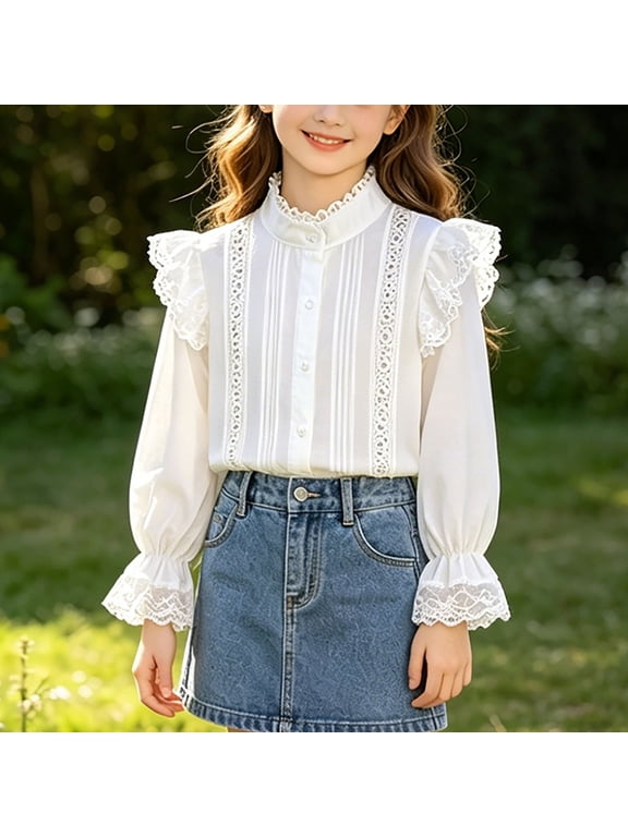 Girls Cotton Ruffle Blouse Long Sleeve Stand Collar Button Down Puff Sleeve White Top for Kids 4-14 Years,Size 12 T