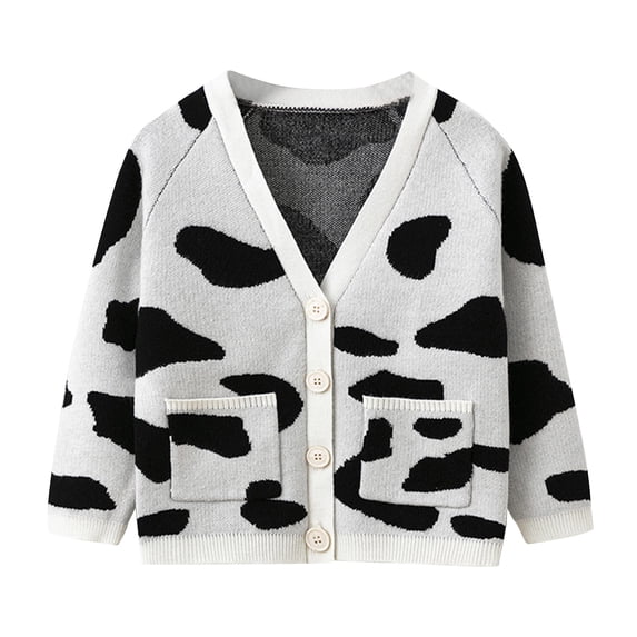 AVRNLIQ Girls Cow Print Knit Cardigan, Lightweight V-Neck Button Sweater with Pockets, Soft Polyester Kids Casual Outerwear,Size 5T