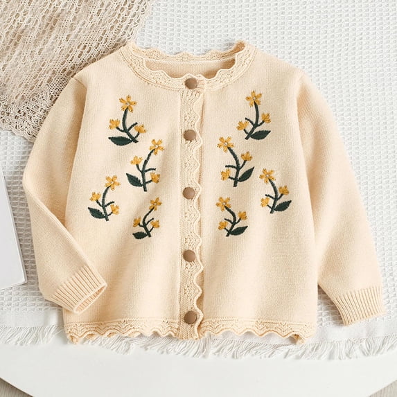 AVRNLIQ Girls Floral Embroidered Cardigan - Kids Long Sleeve Button Front Knit Sweater, Beige,Size 7 T
