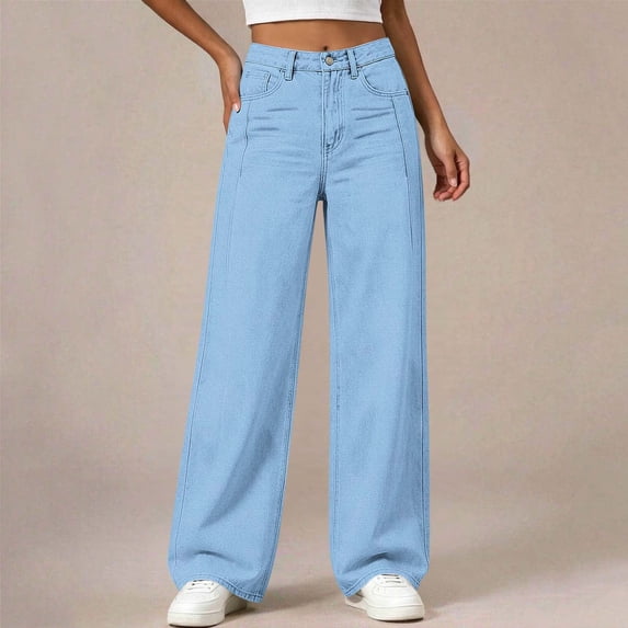 AVRNLIQ Girls High Waisted Wide Leg Baggy Casual Pants Light Blue with Pockets for Kids 5-14,Size 13-14 T