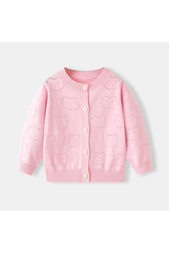 Girls Kids Cardigan Lightweight Hollow Out Cat Pattern Button Front Knit Sweater Pink,Size 5 T