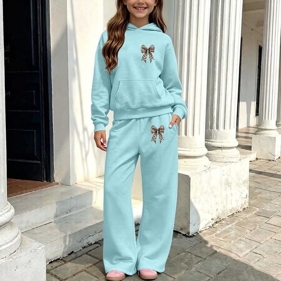 AVRNLIQ Girls Light Blue Leopard Bow Print 2-Piece Sweatsuit with Hoodie & Wide-Leg Sweatpants, 5-14,Size 5-6 T
