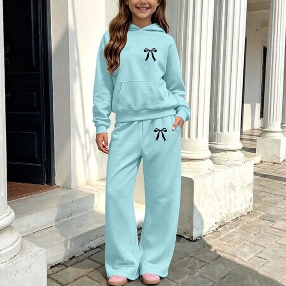 AVRNLIQ Girls Loungewear 2-Piece Set Hoodie & Wide Leg Sweatpants, Light Blue, Sizes 5-14,Size 9-10 T