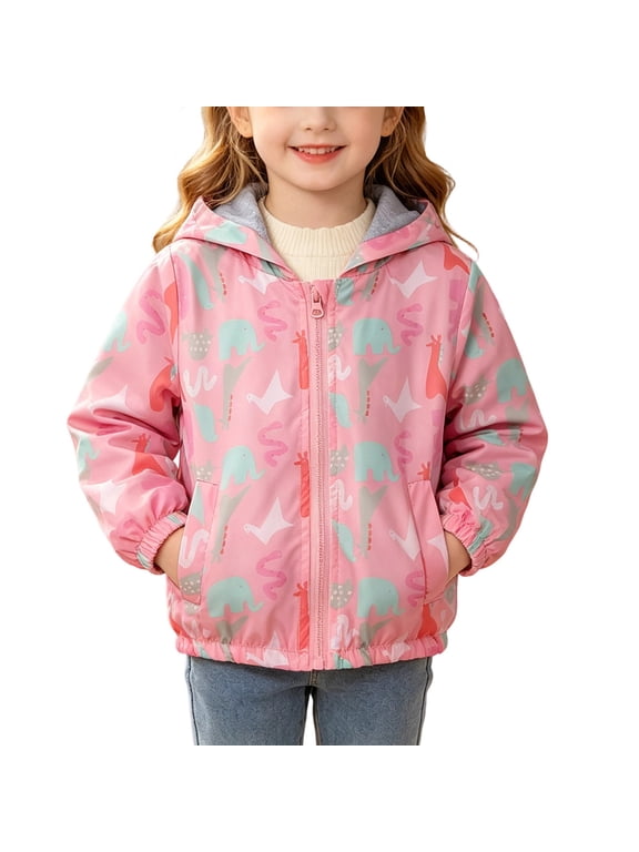 Girls Pink Animal Print Hooded Jacket Kids Lightweight Soft Fleece Lined Full Zip Coat,Size 8 T