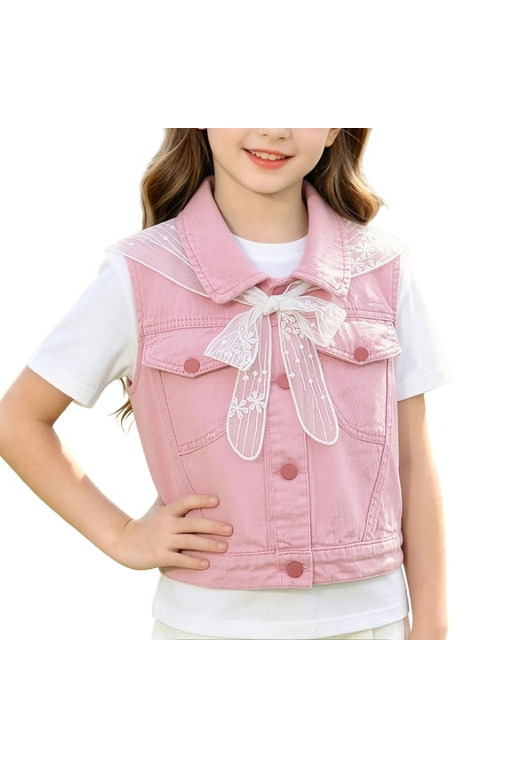 Girls Pink Denim Vest with Lace Sailor Collar Button Front Sleeveless,Size 18 Months