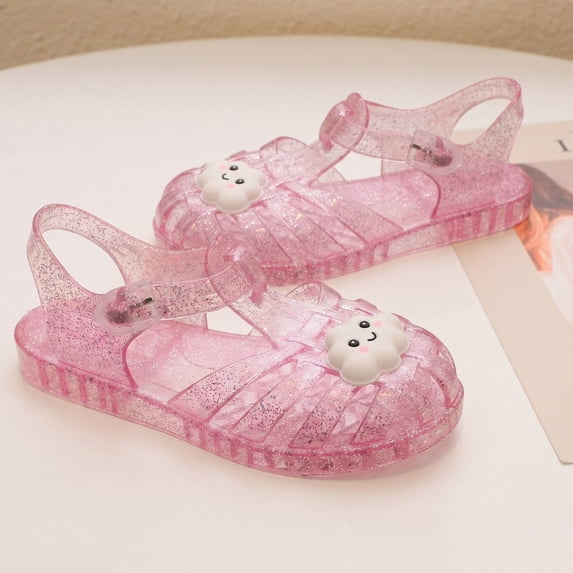 AVRNLIQ Girls Pink Glitter Jelly Sandals Kids Closed Toe Water Shoes Adjustable Ankle Strap Non-Slip Little Kids Summer PVC Footwear,Size 5 T