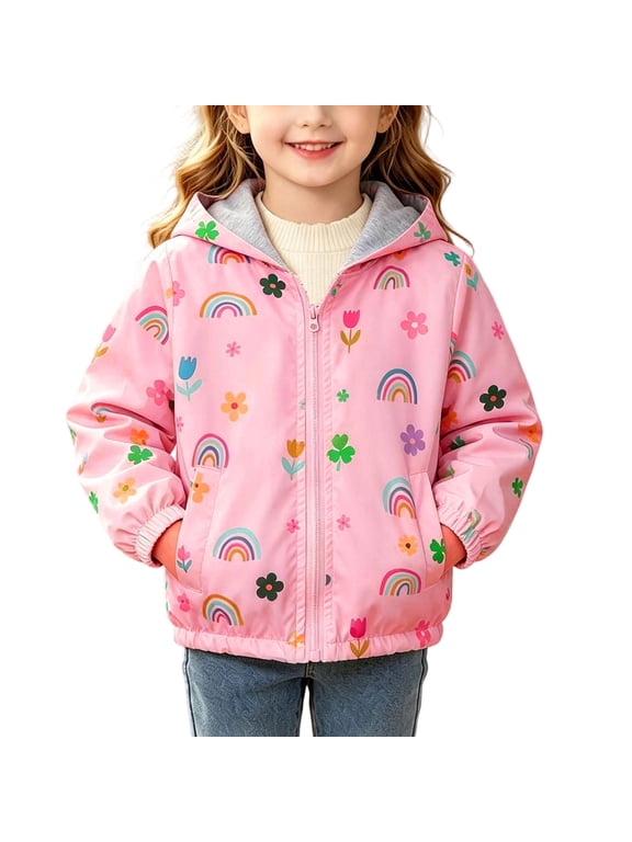 Girls Pink Waterproof Raincoat Kids Lightweight Hooded Jacket Fleece Lining Rainbow Floral Print Spring Fall Outwear,Size 6 T