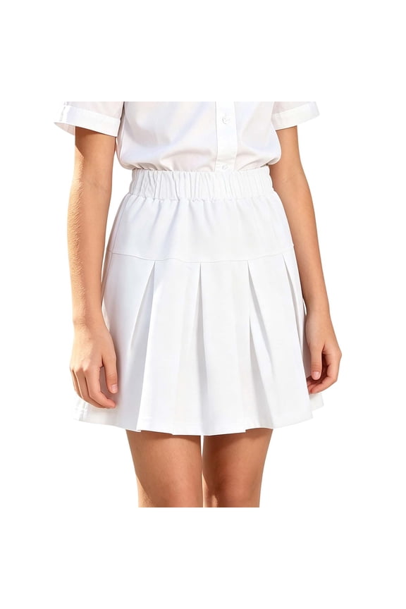 Girls Pull on Pleated Skort with Attached Shorts - White Elastic Waist School Skirt for Kids,Size 10 T