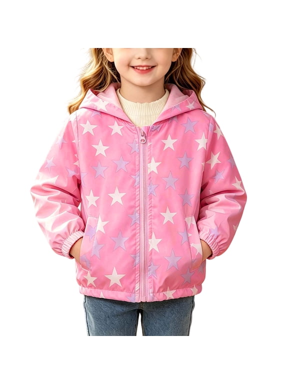 Girls Star Print Hooded Jacket Lightweight Water Resistant Kids Windbreaker with Pockets,Size 2 T