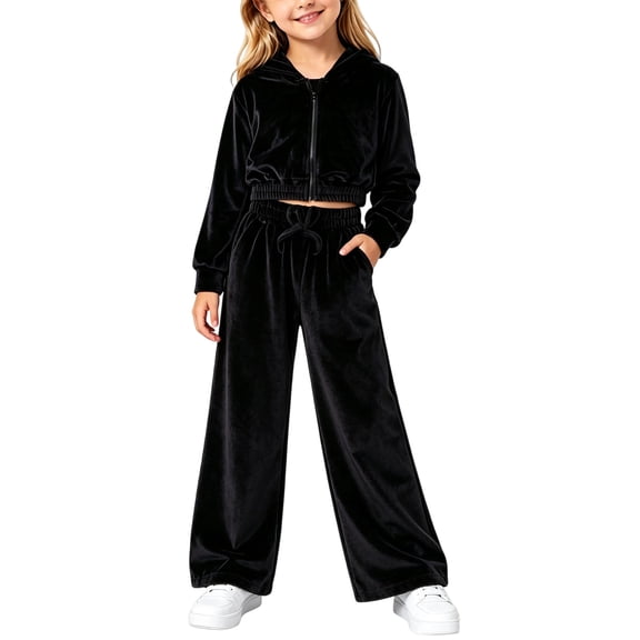 AVRNLIQ Girls Velour 2 Piece Tracksuit Sweatsuit Outfit Cropped Zip Up Hoodie and Wide Leg Pants Black Size 3-4 T