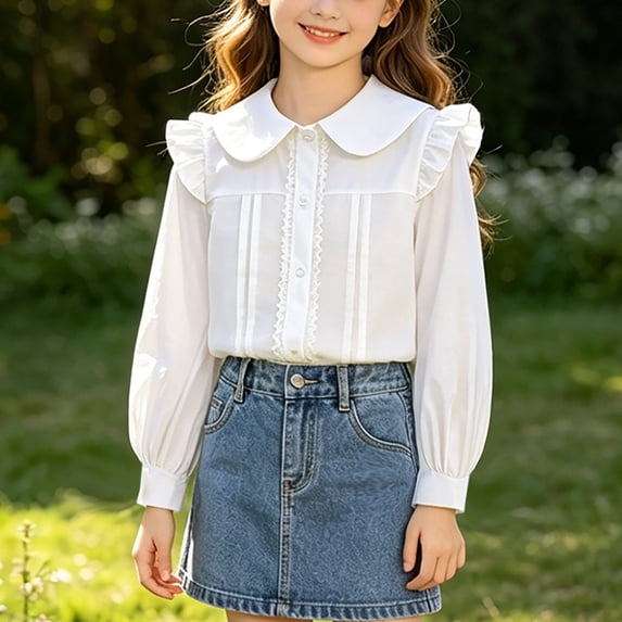 AVRNLIQ Girls White Long Sleeve Peter Pan Collar Blouse Cotton Ruffle Front Button Down Casual School Uniform Top for Kids,Size 12 T