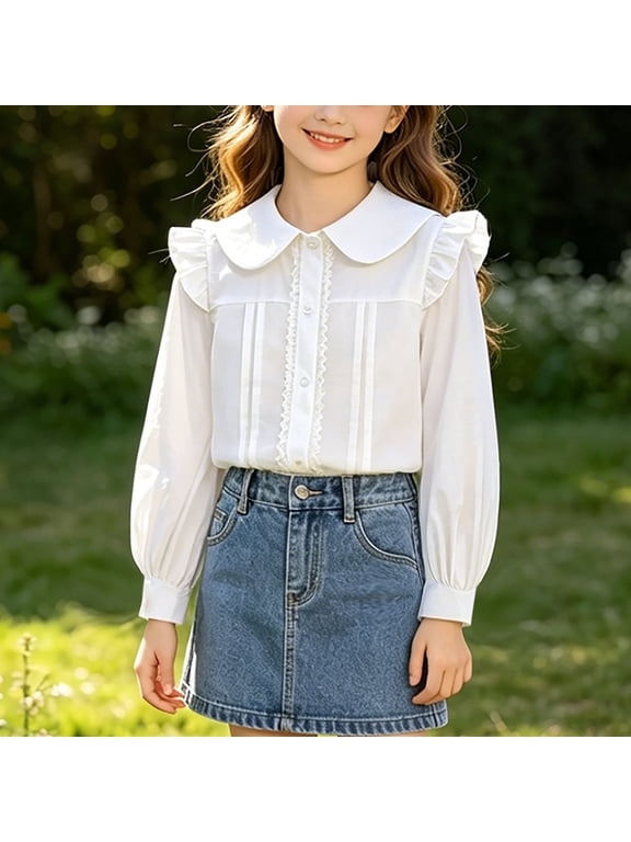 Girls White Long Sleeve Peter Pan Collar Blouse Cotton Ruffle Front Button Down Casual School Uniform Top for Kids,Size 13 T