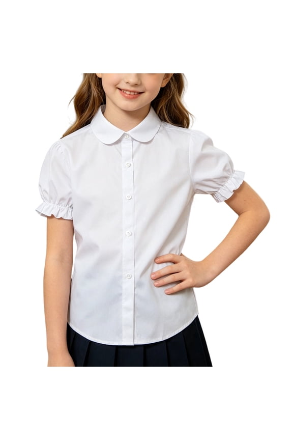 Girls White Peter Pan Collar Short Sleeve Puff Sleeve School Uniform Blouse Button Down Rayon Shirt,Size 4 T