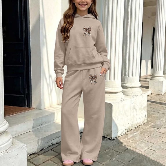 AVRNLIQ Khaki 2-Piece Girls Hoodie & Wide-Leg Sweatpants Set with Leopard Bow Print, Ages 5-14,Size 9-10 T
