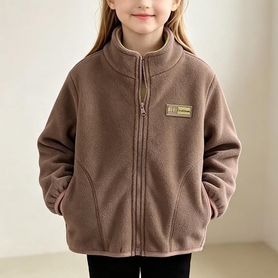 AVRNLIQ Kids Full-Zip Fleece Jacket, Stand Collar, Lightweight Outerwear for Boys & Girls, Kids, Brown,Size 2-3T