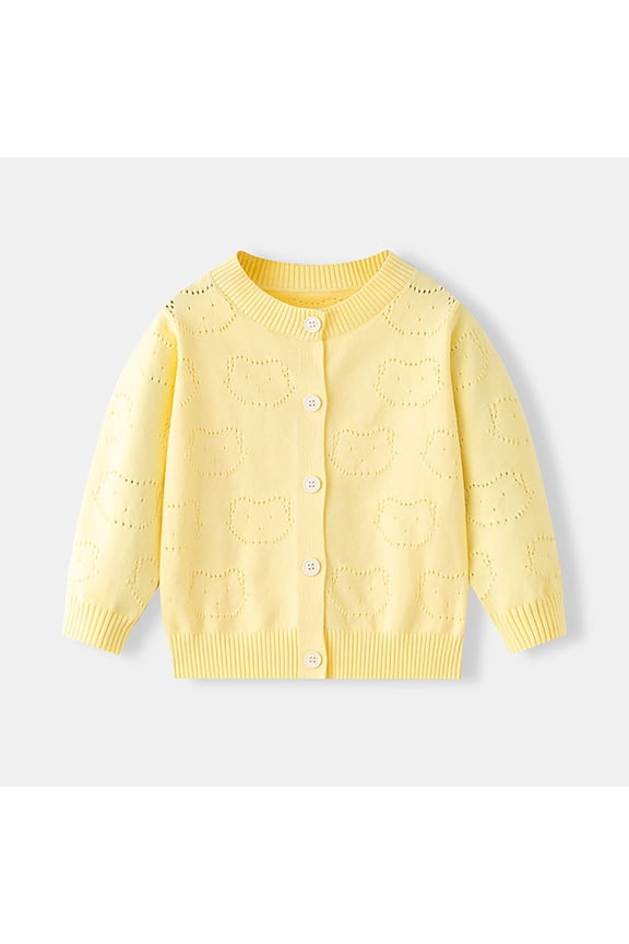 Kids Girls Cardigan Lightweight Hollow Out Cat Pattern Button Front Knit Sweater Yellow,Size 7 T