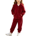 thumbnail image 1 of AVRNLIQ Kids Velour Tracksuit 2-Piece Set for Kids Girls with Full Zip Hoodie & Jogger Pants, Red,Size 3 T, 1 of 9