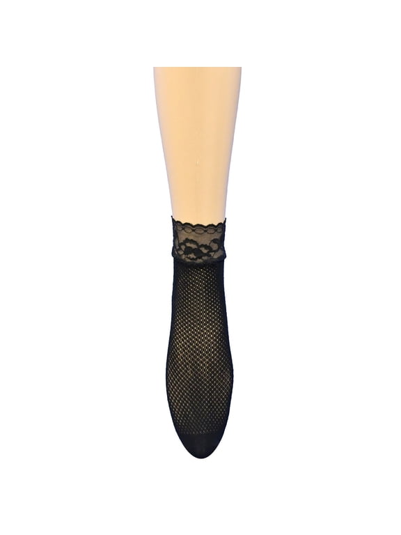 Lace Trim Fishnet Ankle Socks for Women One Size Stretchy Mesh Net Socks Breathable Sheer Polyamide 1 Pair Black