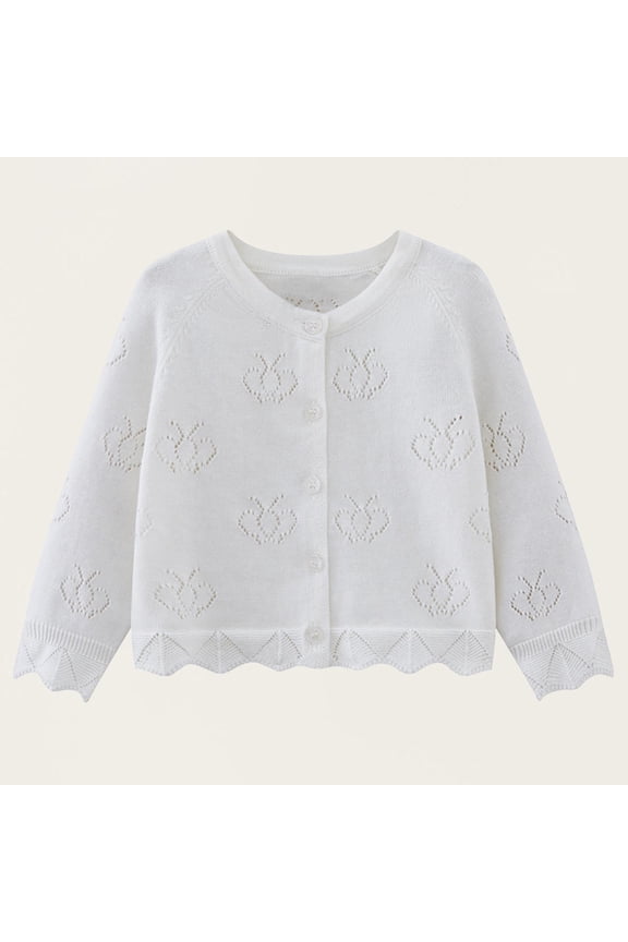 Lightweight Kids Girls Knit Cardigan Long Sleeve Crew Neck Button Down Scalloped Sweater White,Size 5 T