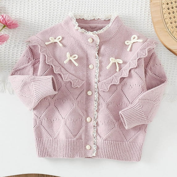 AVRNLIQ Little Girls Diamond Knit Cardigan with Ruffle and Bow - Open Front Long Sleeve Gray,Size 5 T