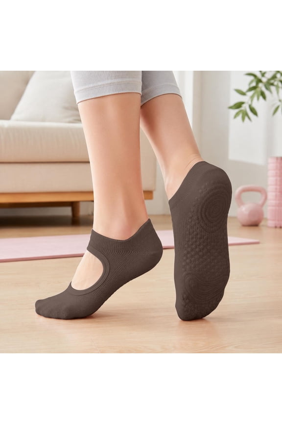 Non-Slip Women No-Show Socks Cotton Invisible Liner with Grips Coffee
