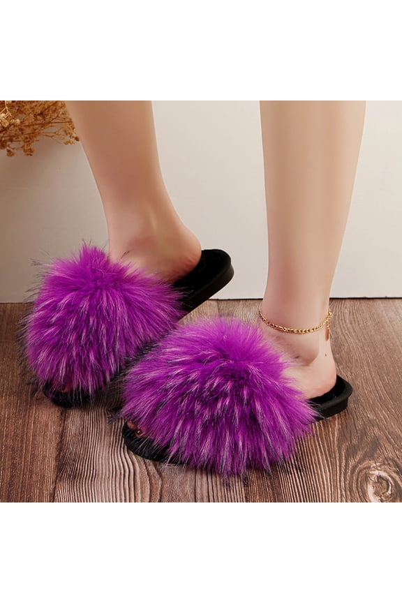 Purple Faux Faux Fur Open Toe Slide Slippers for Women, Non-Slip Flat Casual Indoor Outdoor Slides,Size 6.5