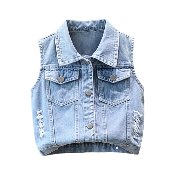 AVRNLIQ Unisex Kids Distressed Light Blue Denim Vest Sleeveless Button Jean Jacket for Boys Girls 2T-10Y,Size 2 T