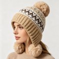 thumbnail image 1 of AVRNLIQ Winter Knit Beanie for Women Fair Isle Ear Flap Hat with Pom Pom Khaki, 1 of 6