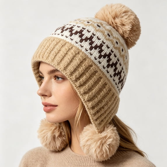 AVRNLIQ Winter Knit Beanie for Women Fair Isle Ear Flap Hat with Pom Pom Khaki